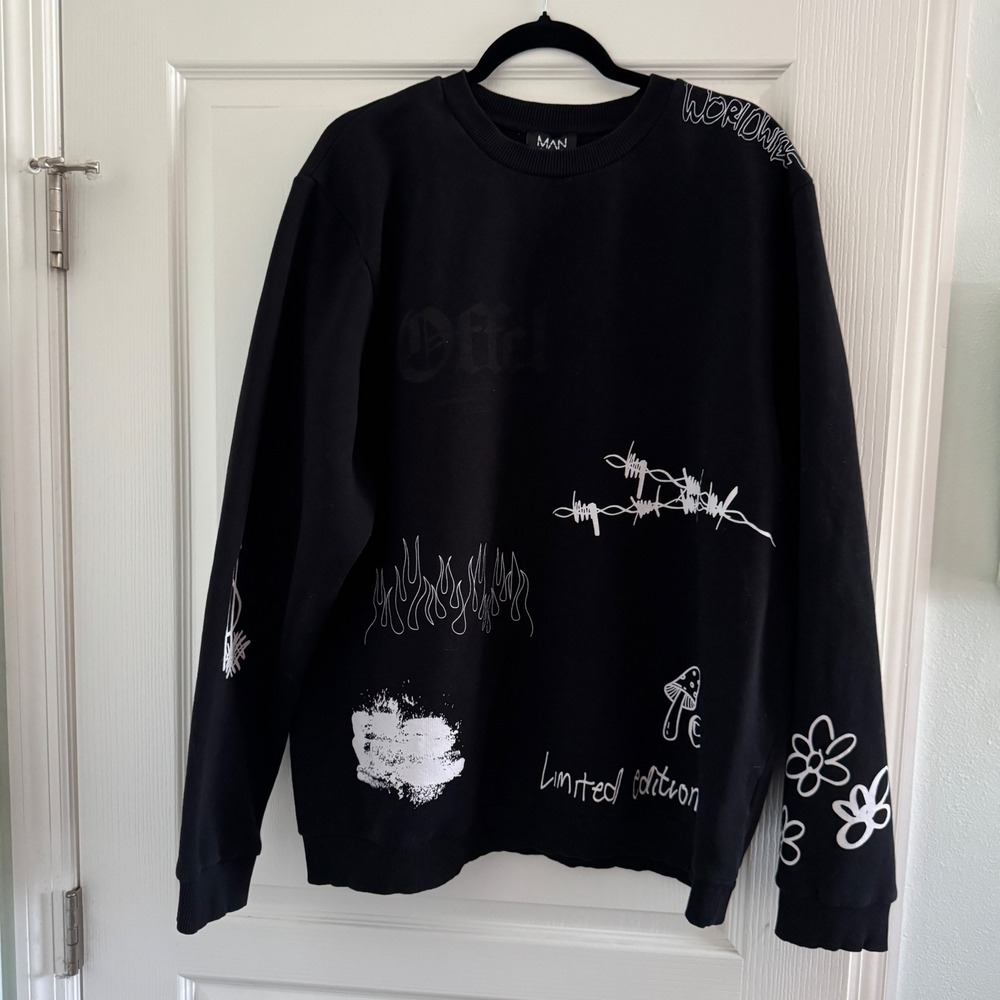 BoohooMAN Mens 2XL Black Doodle Graphic Sweatshirt Streetwear Flame Barbed Wire